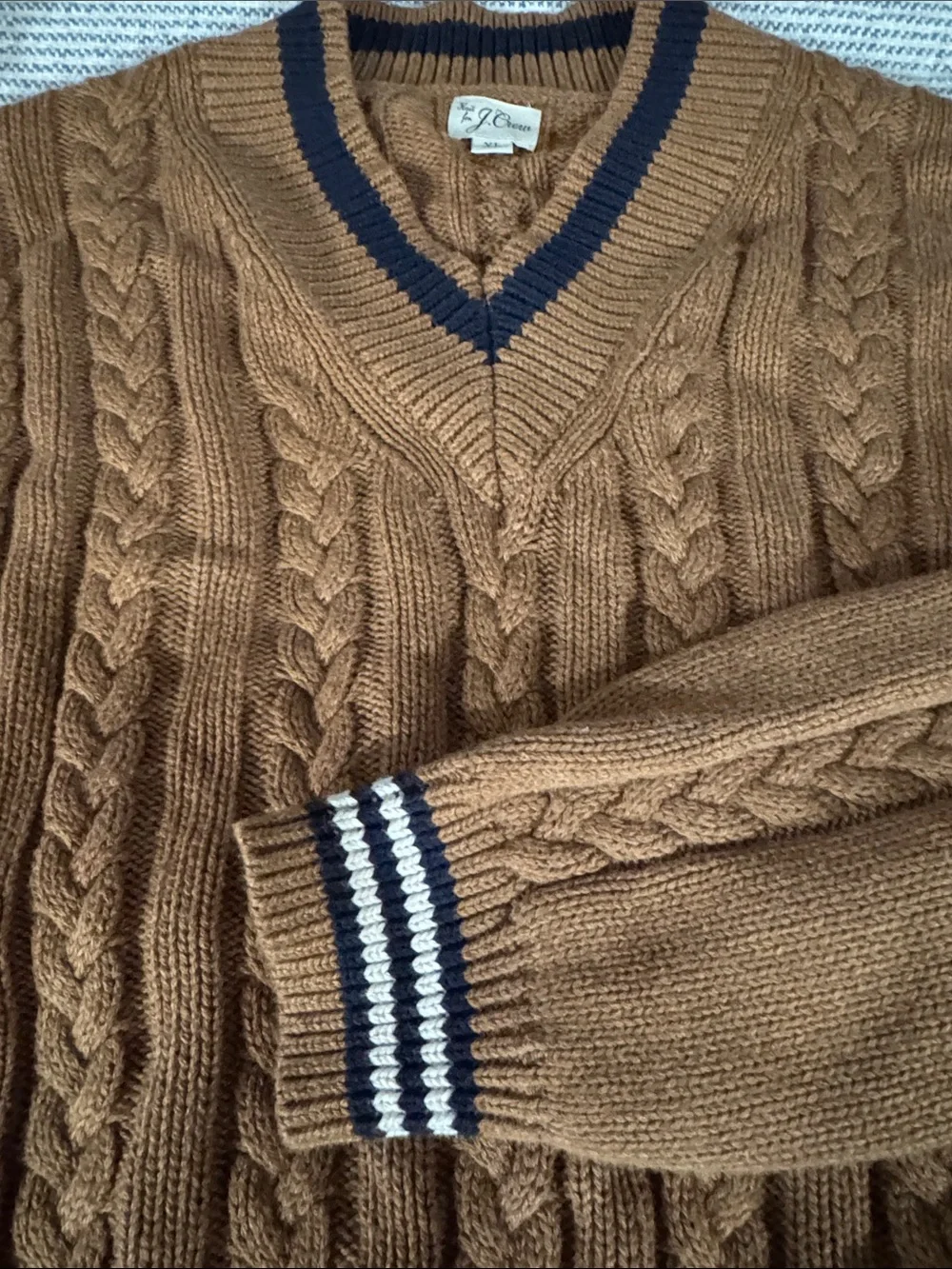 J. Crew Camel Cable Knit V-Neck Sweater with Navy Trim